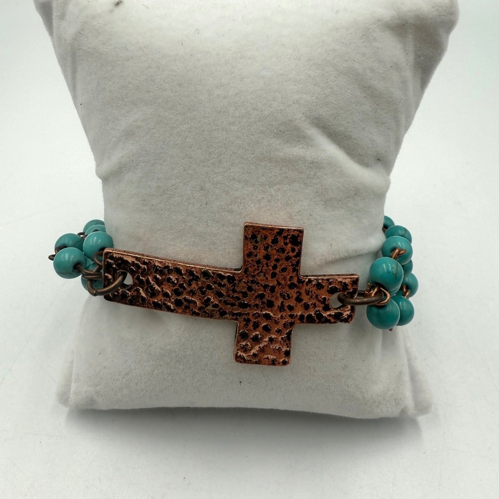 West‎ & Co Turquoise Bead Hammered Copper Cross Toggle Bracelet Western Boho